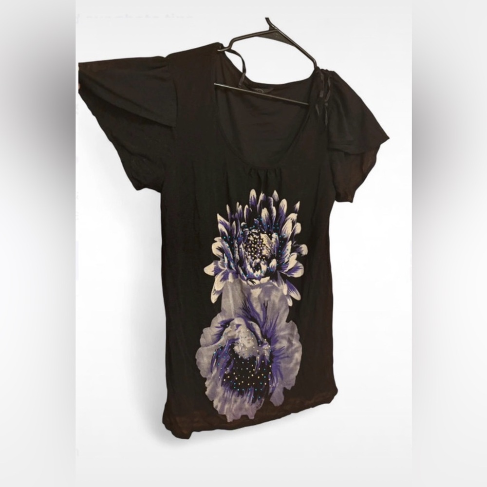 Floral Black Top with rhinestones